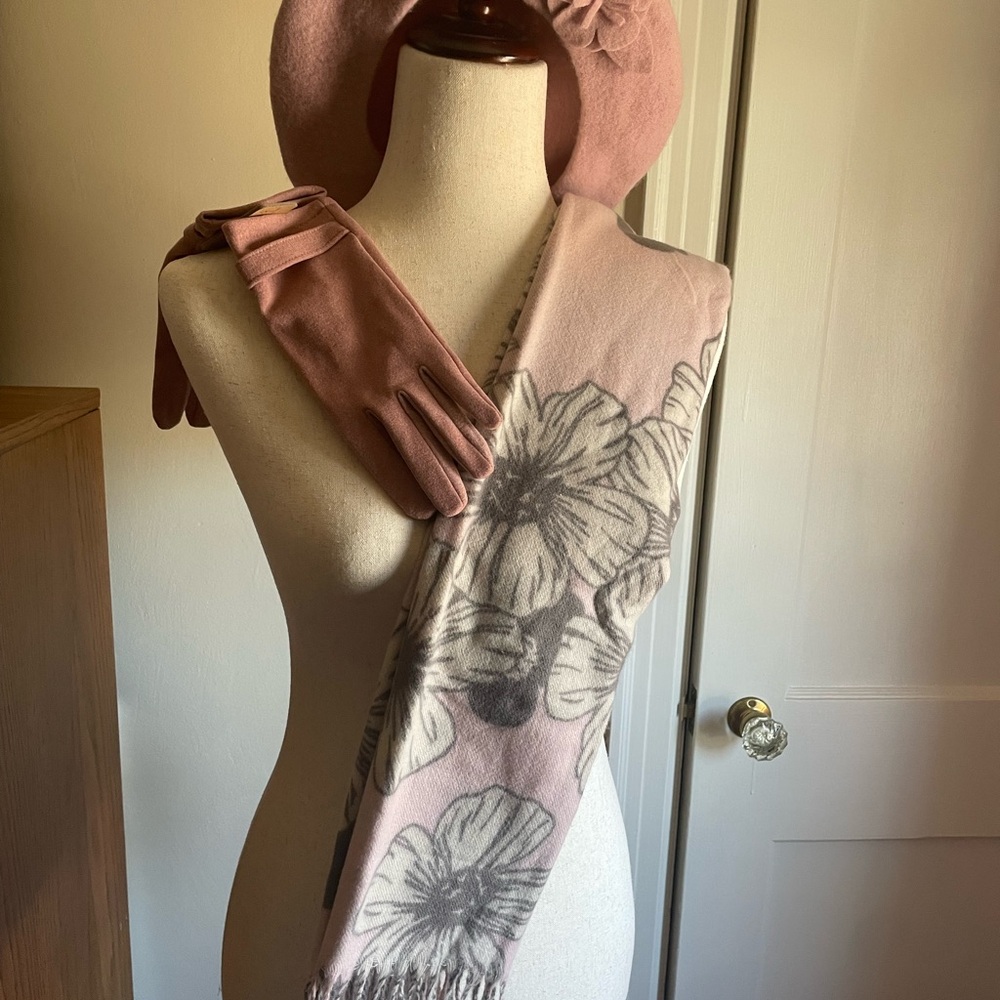 Pink Floral Scarf, Hat, and Gloves Set